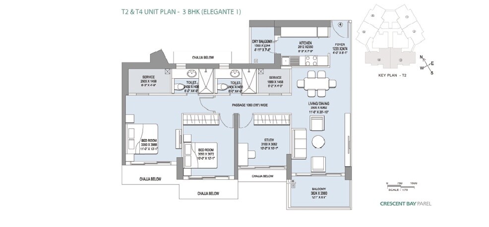 Floor plan of 3 BHK 1041 Sq. Ft. Apartment in L&T Crescent Bay T2, Mumbai