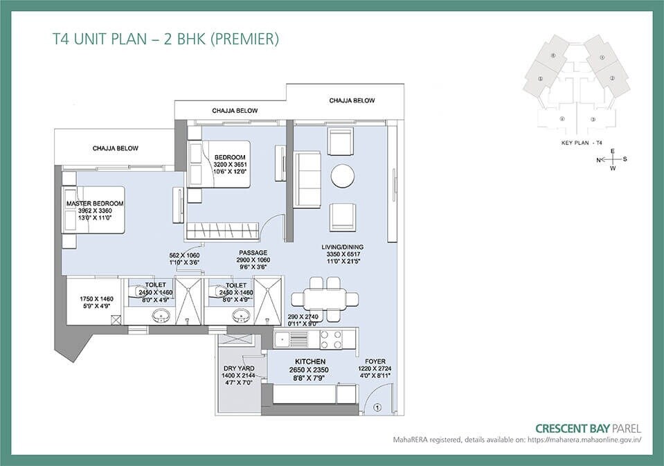 Floor plan of 2 BHK 788 Sq. Ft. Apartment in LnT Crescent Bay T3, Mumbai