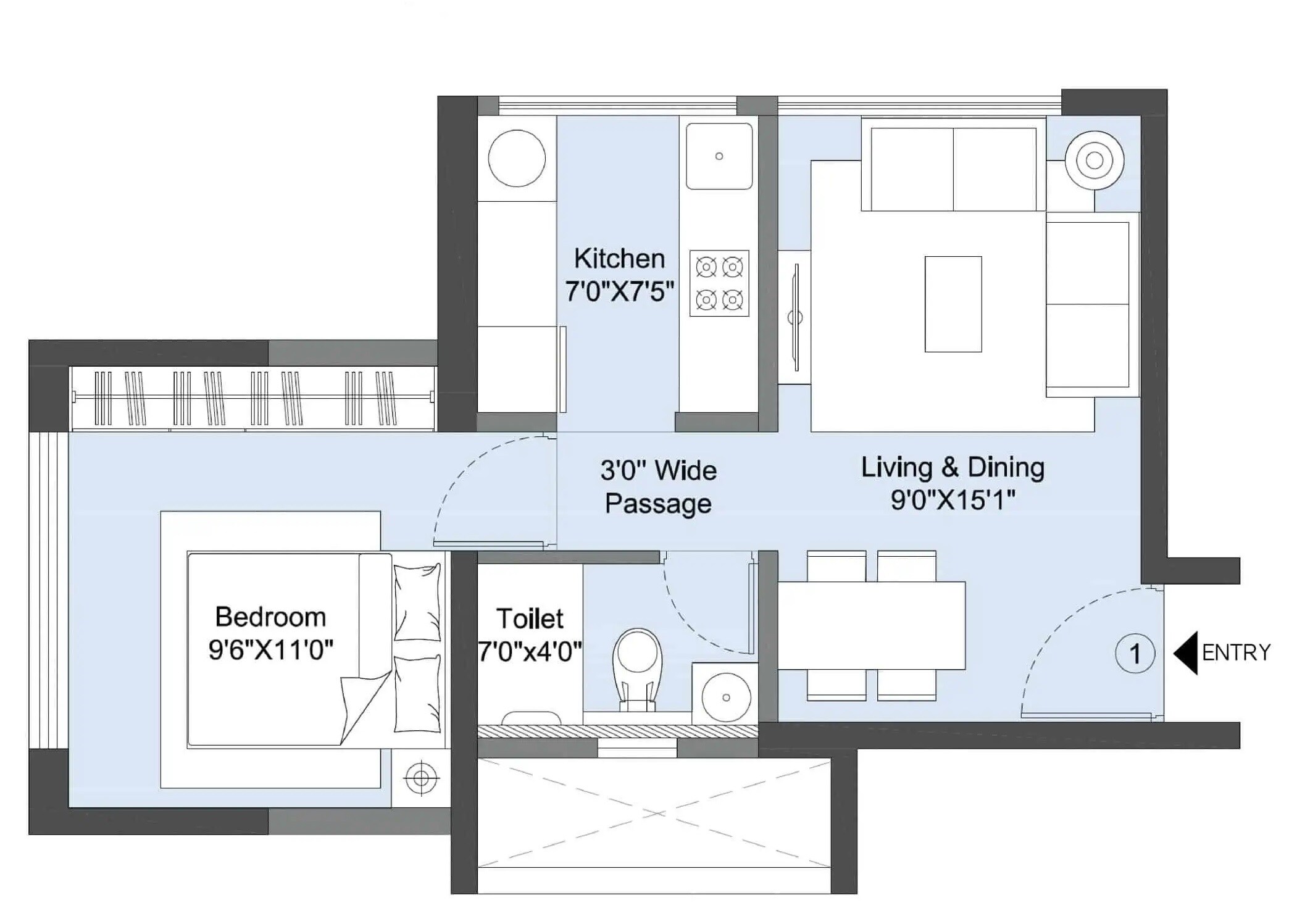 Floor plan of 1 BHK 359 Sq. Ft. Apartment in L&T Emerald Isle, Mumbai