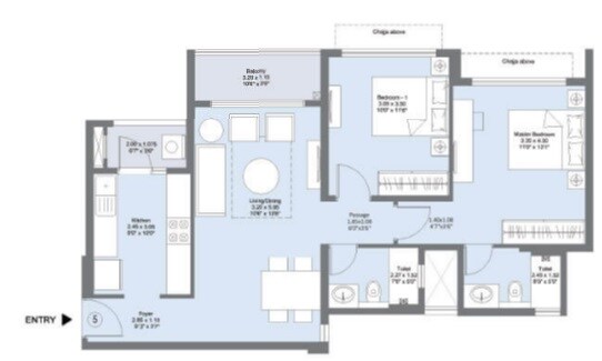 Floor plan of 2 BHK 734 Sq. Ft. Apartment in L&T Emerald Isle, Mumbai