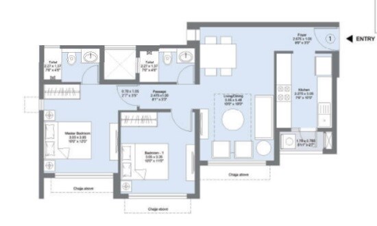 Floor plan of 2 BHK 651 Sq. Ft. Apartment in L&T Emerald Isle, Mumbai