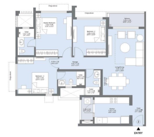 Floor plan of 3 BHK 1375 Sq. Ft. Apartment in L&T Emerald Isle, Mumbai