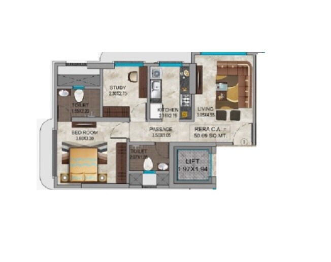 2 BHK 497 Sq. Ft. Apartment