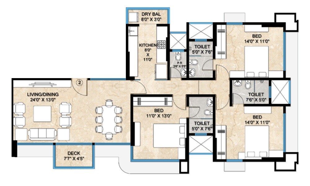 Floor plan of 3 BHK 1073 Sq. Ft. Apartment in L Nagpal 54 Park Lane, Mumbai