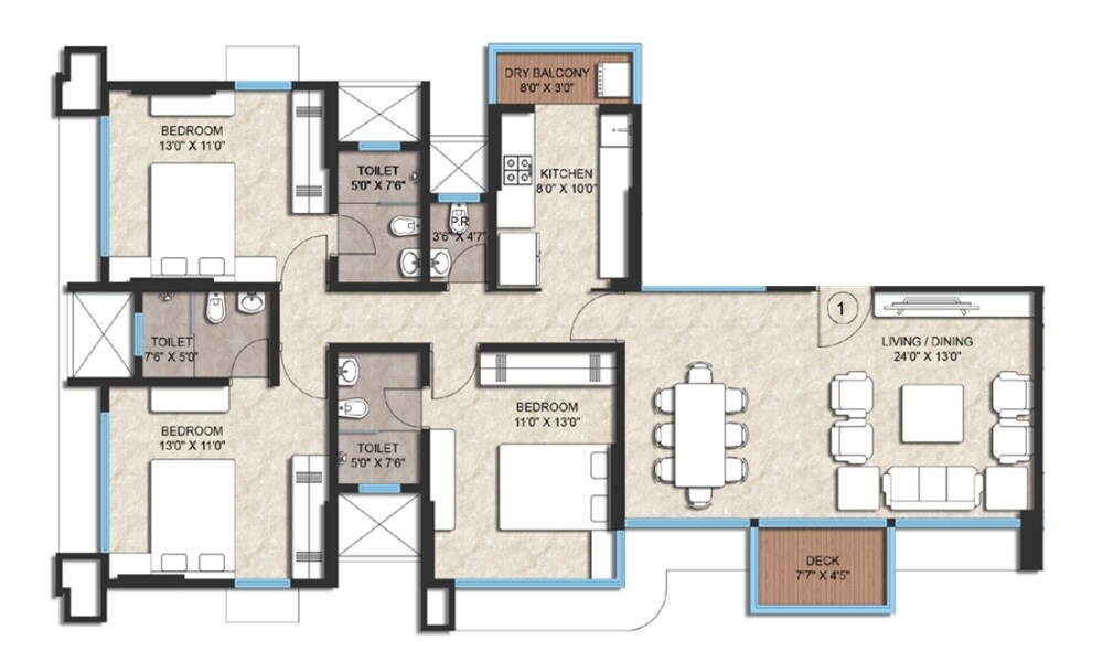 Floor plan of 3 BHK 1107 Sq. Ft. Apartment in L Nagpal 54 Park Lane, Mumbai