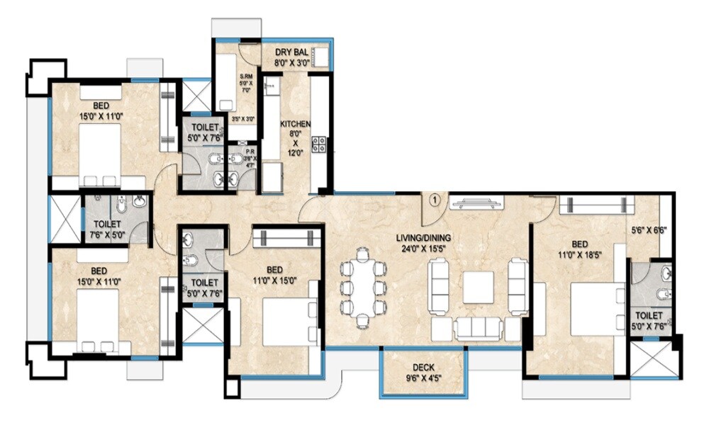 Floor plan of 4 BHK 1558 Sq. Ft. Apartment in L Nagpal 54 Park Lane, Mumbai