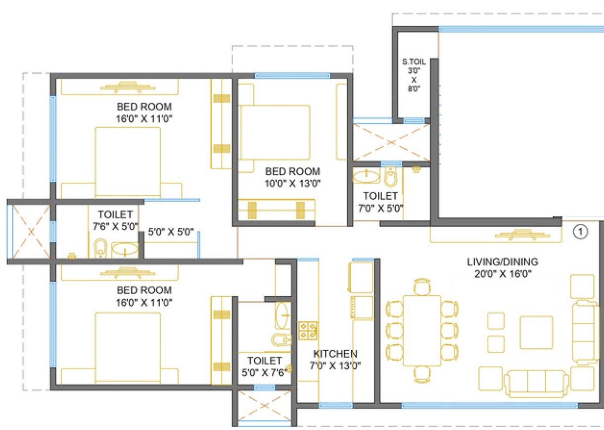 Floor plan of 3 BHK 1165 Sq. Ft. Apartment in L Nagpal Bhagirathi Sadan, Mumbai