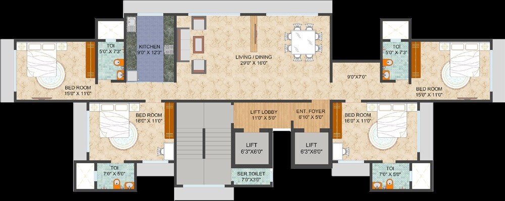 Floor plan of 4 BHK 1965 Sq. Ft. Apartment in L Nagpal Bhagirathi Sadan, Mumbai