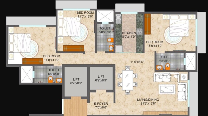 Floor plan of 3 BHK 1130 Sq. Ft. Apartment in L Nagpal Jaswant Heights, Mumbai