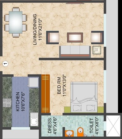 Floor plan of 1 BHK 424 Sq. Ft. Apartment in L Nagpal Satnam Leela, Mumbai