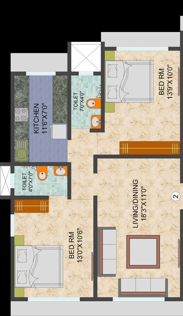2 BHK 650 Sq. Ft. Apartment
