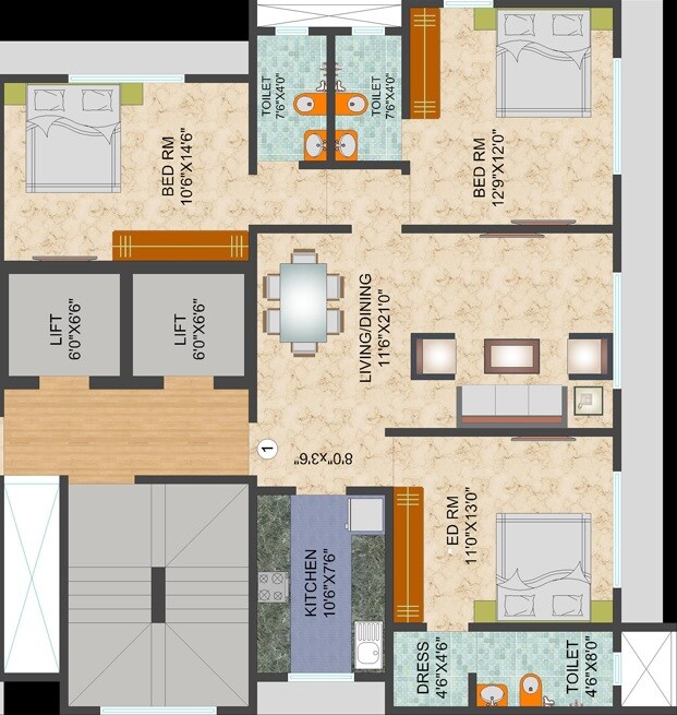 Floor plan of 3 BHK 949 Sq. Ft. Apartment in L Nagpal Satnam Leela, Mumbai