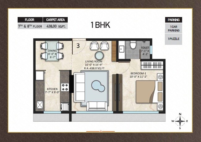 Floor plan of 1 BHK 438 Sq. Ft. Apartment in L Nagpal Summer Queen CHSL, Mumbai