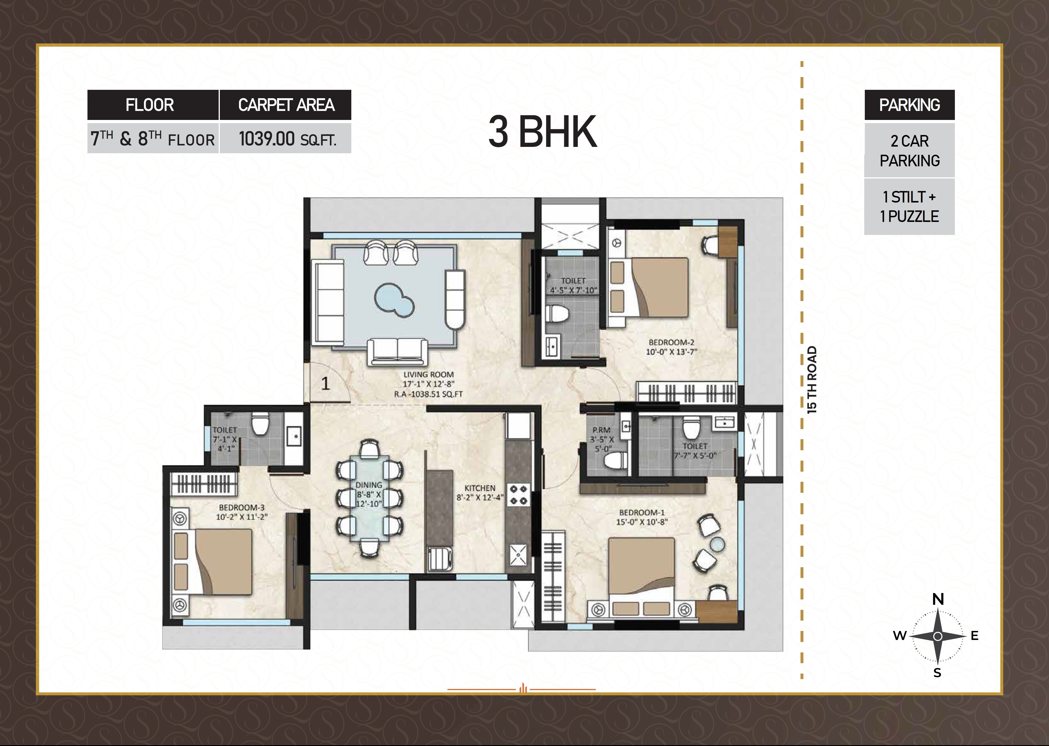 Floor plan of 3 BHK 1040 Sq. Ft. Apartment in L Nagpal Summer Queen CHSL, Mumbai