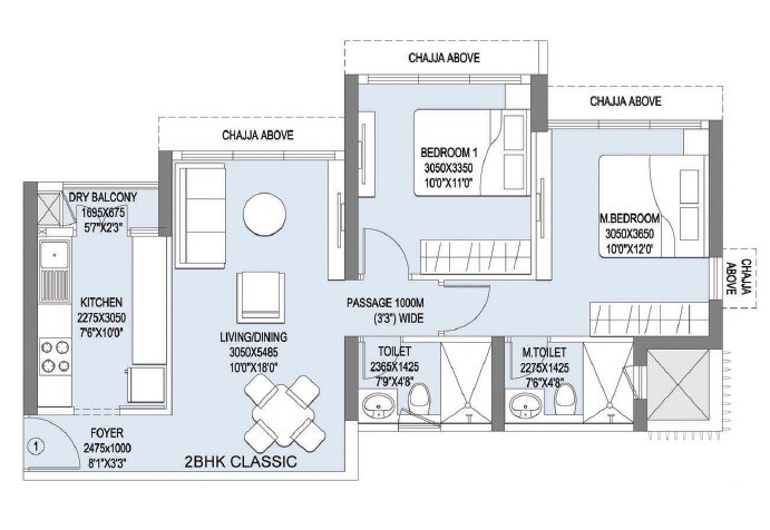 Floor plan of 2 BHK 788 Sq. Ft. Apartment in L & T Emerald Isle Tower 16, Mumbai