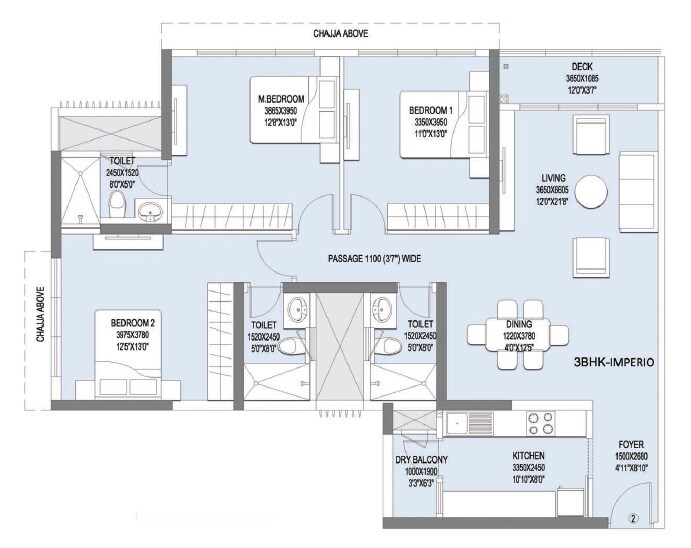 Floor plan of 3 BHK 990 Sq. Ft. Apartment in L & T Emerald Isle Tower 16, Mumbai