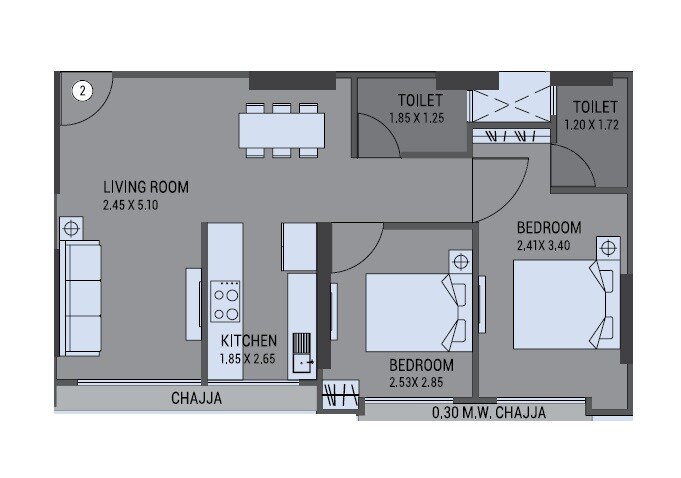 Floor plan of 2 BHK 482 Sq. Ft. Apartment in Labdhi Codename Convenient, Mumbai