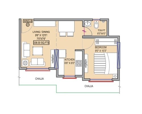 Floor plan of 1 BHK 338 Sq. Ft. Apartment in Lak The Residency, Mumbai