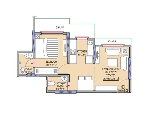 Floor plan of 1 BHK 350 Sq. Ft. Apartment in Lak The Residency, Mumbai
