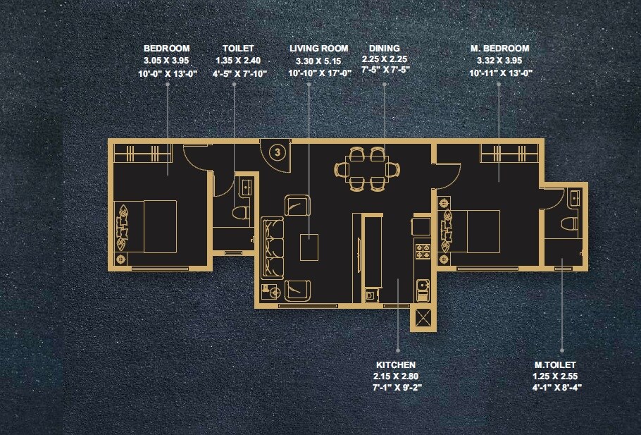 Floor plan of 2 BHK 677 Sq. Ft. Apartment in Lakhani Royal Residency, Mumbai