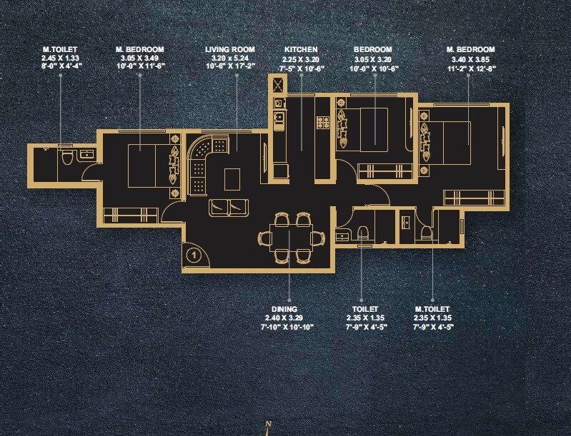 Floor plan of 3 BHK 1232 Sq. Ft. Apartment in Lakhani Royal Residency, Mumbai