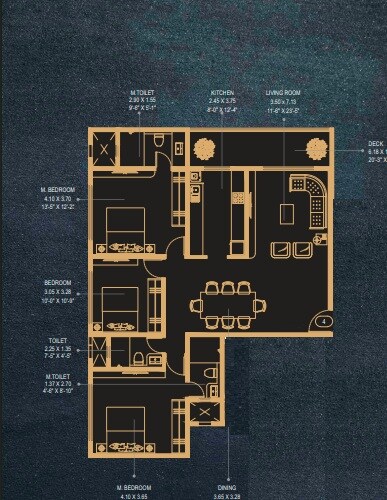 Floor plan of 3 BHK 813 Sq. Ft. Apartment in Lakhani Royal Residency, Mumbai