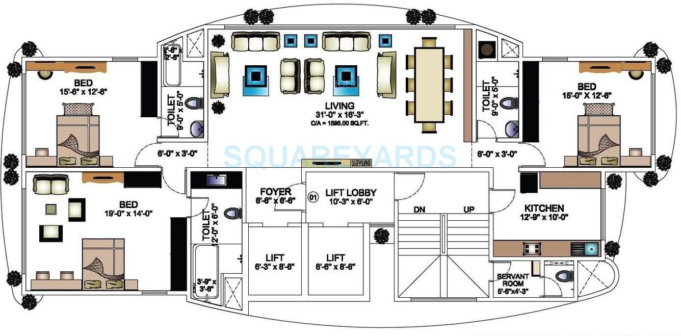Floor plan of 3 BHK 1492 Sq. Ft. Apartment in Lakhani Signature, Mumbai