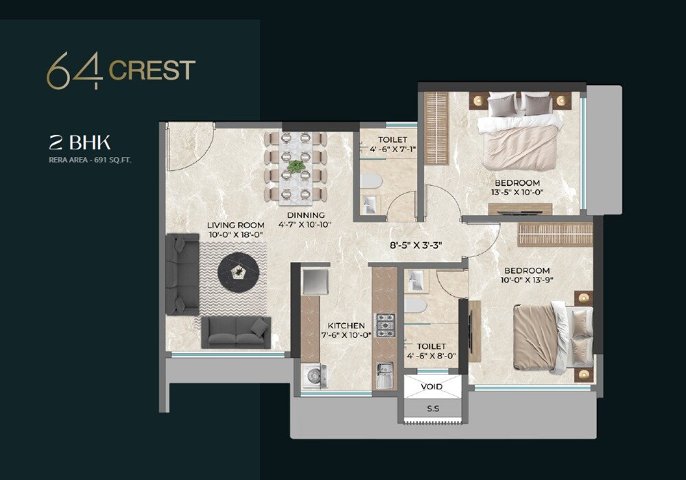 Floor plan of 2 BHK 691 Sq. Ft. Apartment in Lakshmi 64 Crest, Mumbai