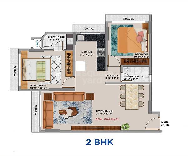 Floor plan of 2 BHK 684 Sq. Ft. Apartment in Lakshmi Solitaire, Mumbai