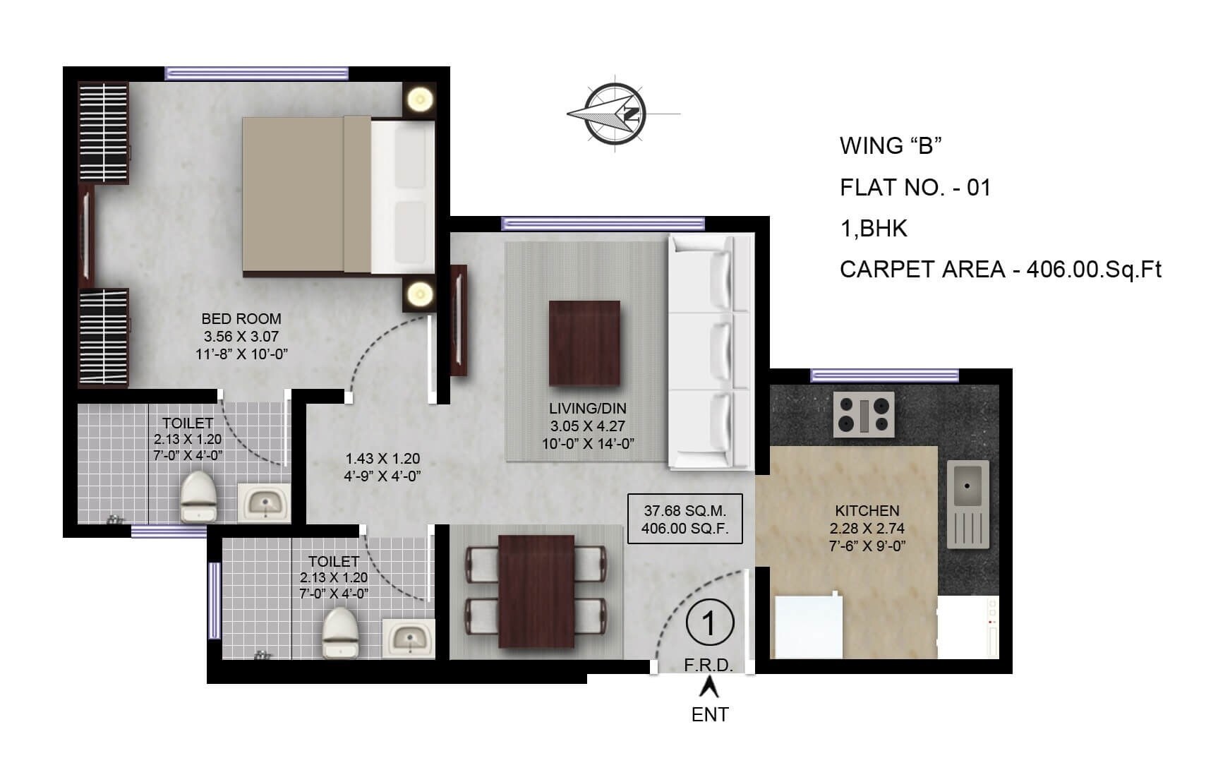 Floor plan of 1 BHK 406 Sq. Ft. Apartment in Lalani Grandeur, Mumbai