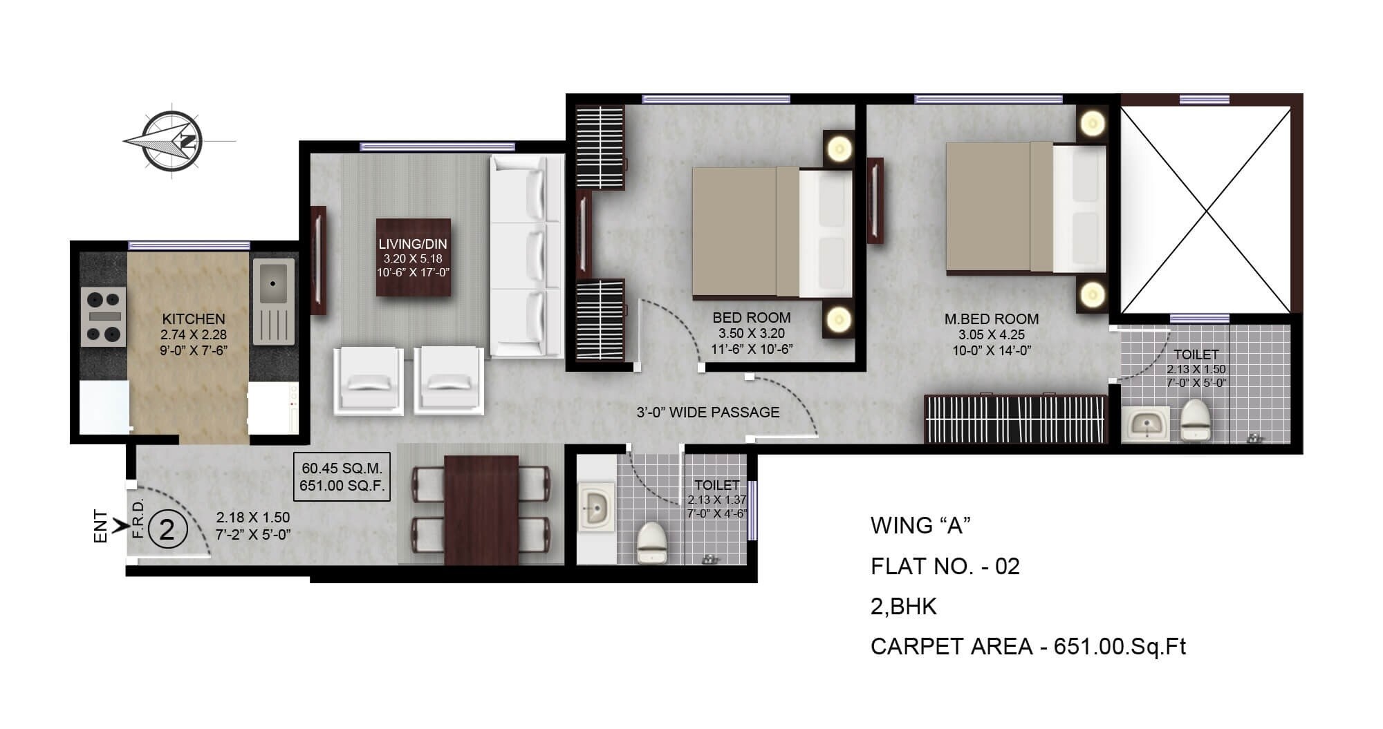 Floor plan of 2 BHK 651 Sq. Ft. Apartment in Lalani Grandeur, Mumbai