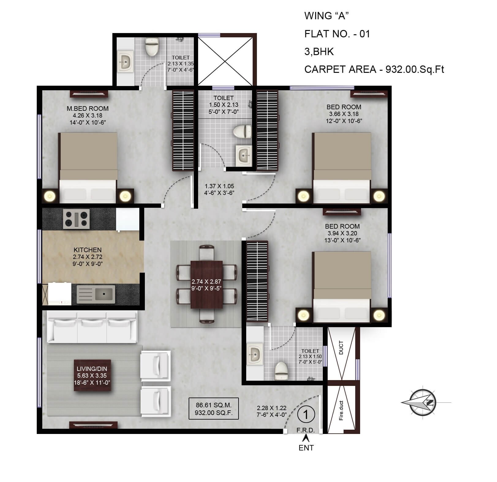Floor plan of 3 BHK 932 Sq. Ft. Apartment in Lalani Grandeur, Mumbai