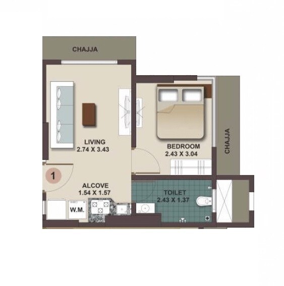 Floor plan of 1 BHK 274 Sq. Ft. Apartment in Lalani Heritage Park, Mumbai