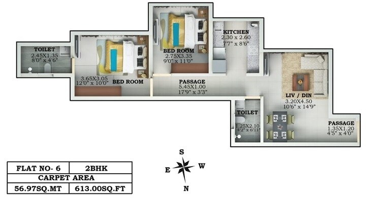 Floor plan of 2 BHK 613 Sq. Ft. Apartment in Lalani Valentine Apartment 1 Wing D, Mumbai