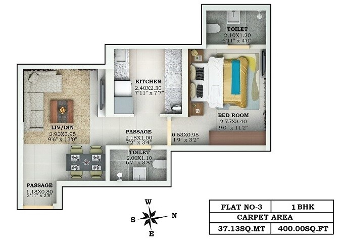 Floor plan of 1 BHK 400 Sq. Ft. Apartment in Lalani Valentine Apartment, Mumbai