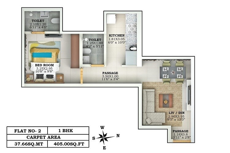 Floor plan of 1 BHK 405 Sq. Ft. Apartment in Lalani Valentine Apartment, Mumbai
