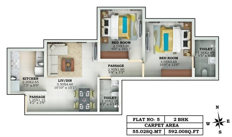 Floor plan of 2 BHK 592 Sq. Ft. Apartment in Lalani Valentine Apartment, Mumbai
