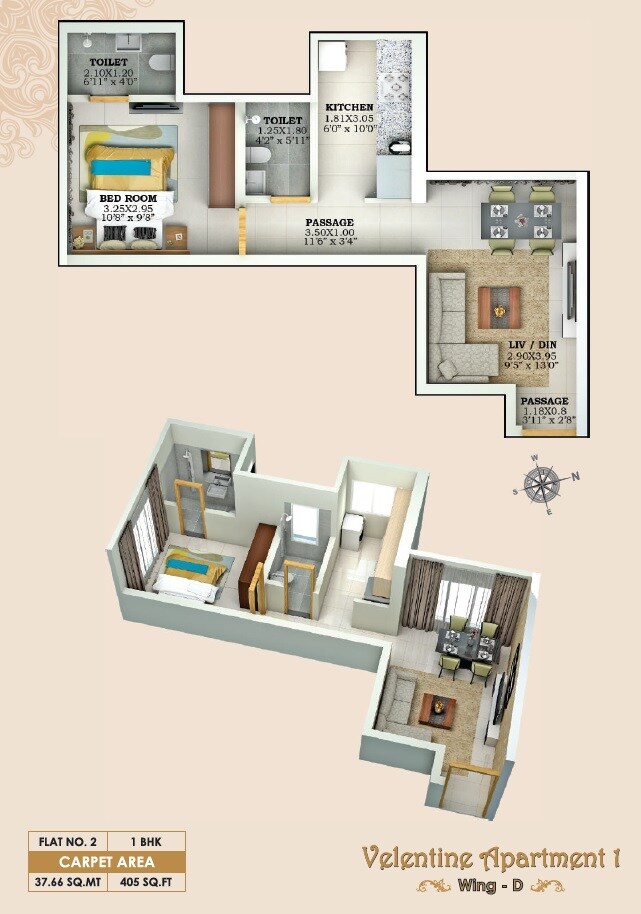 Floor plan of 1 BHK 405 Sq. Ft. Apartment in Lalani Velentine Apartment 1 Wing D, Mumbai