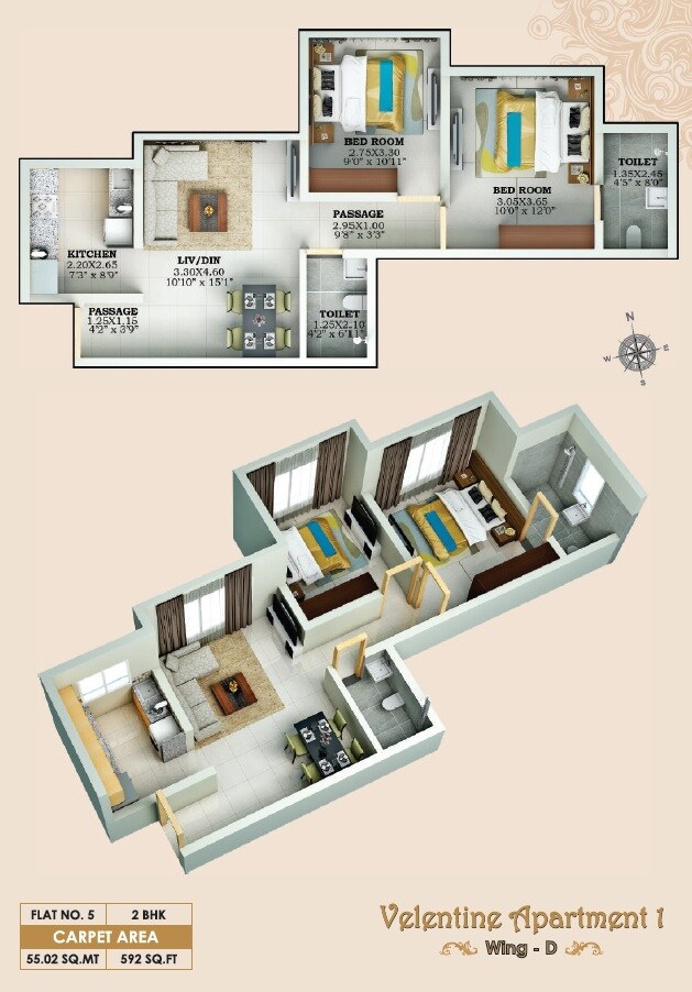 Floor plan of 2 BHK 592 Sq. Ft. Apartment in Lalani Velentine Apartment 1 Wing D, Mumbai