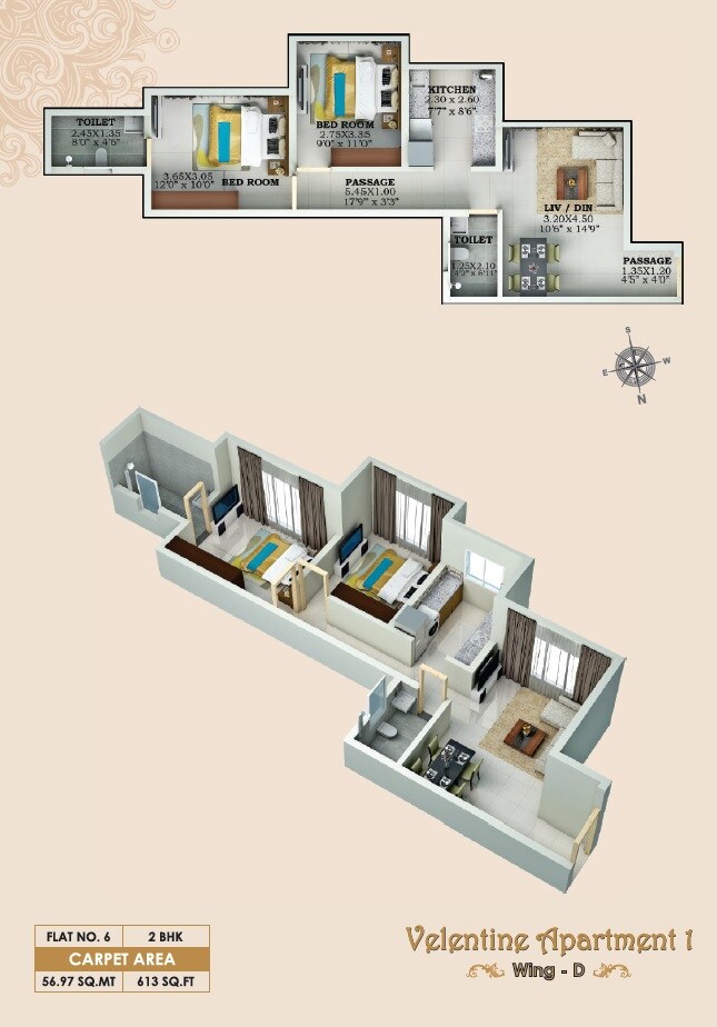 Floor plan of 2 BHK 613 Sq. Ft. Apartment in Lalani Velentine Apartment 1 Wing D, Mumbai
