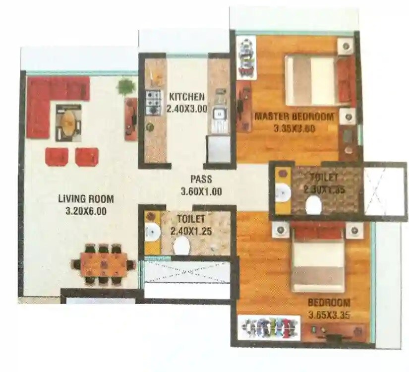 Floor plan of 2 BHK 691 Sq. Ft. Apartment in Lashkaria Anurag CHS, Mumbai