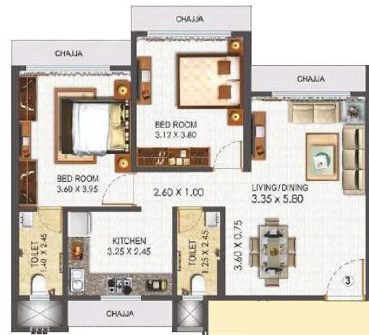 Floor plan of 2 BHK 749 Sq. Ft. Apartment in Lashkaria Empress, Mumbai