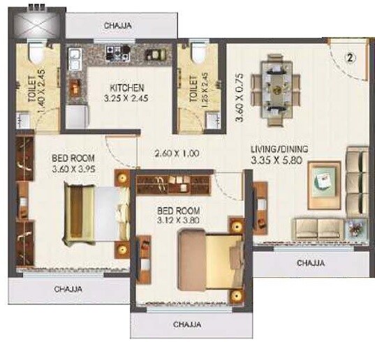Floor plan of 2 BHK 750 Sq. Ft. Apartment in Lashkaria Empress, Mumbai