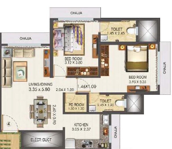 Floor plan of 2 BHK 754 Sq. Ft. Apartment in Lashkaria Empress, Mumbai