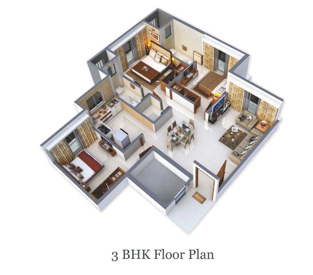 Floor plan of 3 BHK 930 Sq. Ft. Apartment in Lashkaria Empress, Mumbai