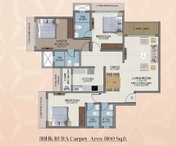 Floor plan of 3 BHK 1100 Sq. Ft. Apartment in Lashkaria Indrasukh, Mumbai