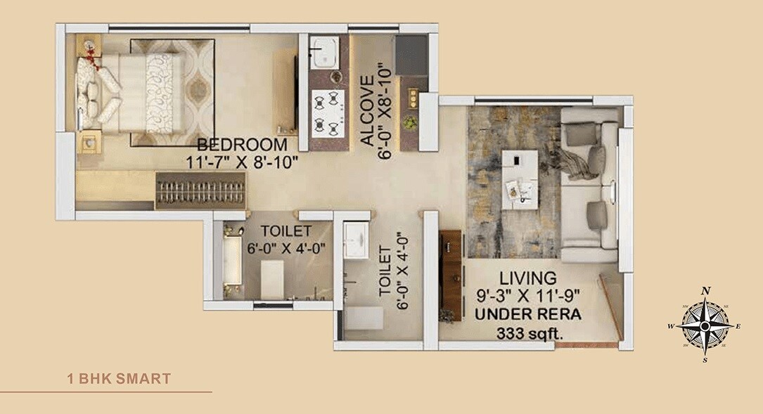 Floor plan of 1 BHK 333 Sq. Ft. Apartment in Lashkaria Pearl, Mumbai