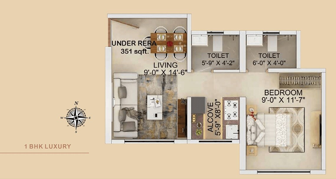 Floor plan of 1 BHK 351 Sq. Ft. Apartment in Lashkaria Pearl, Mumbai