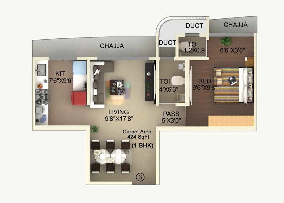 Floor plan of 1 BHK 424 Sq. Ft. Apartment in Laxmi Callista, Mumbai