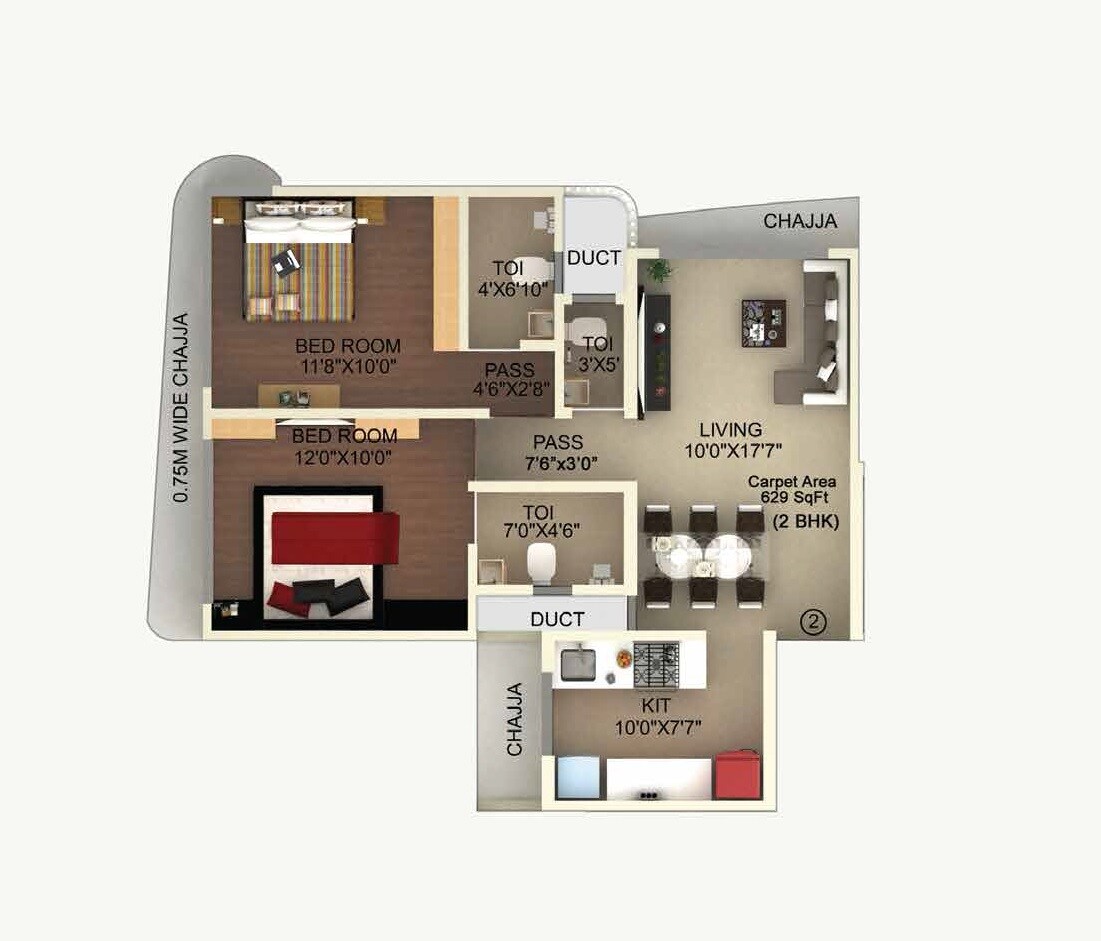 Floor plan of 2 BHK 629 Sq. Ft. Apartment in Laxmi Callista, Mumbai